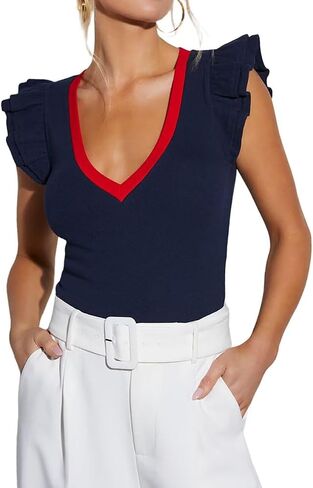 BONITEE Women Summer Ruffle Tops Sexy Deep V Neck Short Sleeve Shirts Trendy Casual Ribbed Slim Fitted Knit Tees Blouse in Saudi Arabia