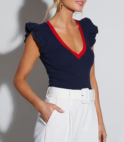 BONITEE Women Summer Ruffle Tops Sexy Deep V Neck Short Sleeve Shirts Trendy Casual Ribbed Slim Fitted Knit Tees Blouse in Saudi Arabia