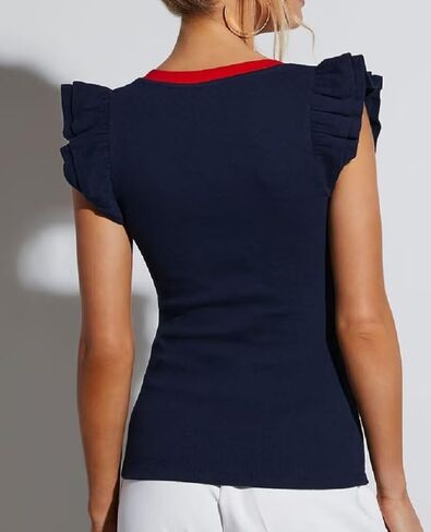 BONITEE Women Summer Ruffle Tops Sexy Deep V Neck Short Sleeve Shirts Trendy Casual Ribbed Slim Fitted Knit Tees Blouse in Saudi Arabia