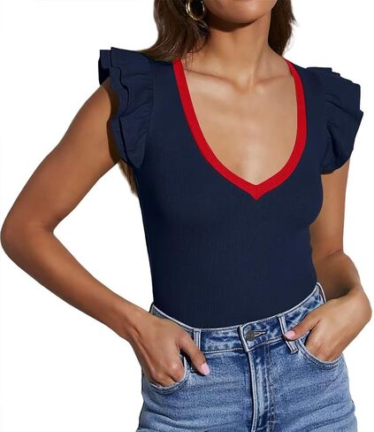 BONITEE Women Summer Ruffle Tops Sexy Deep V Neck Short Sleeve Shirts Trendy Casual Ribbed Slim Fitted Knit Tees Blouse in Saudi Arabia