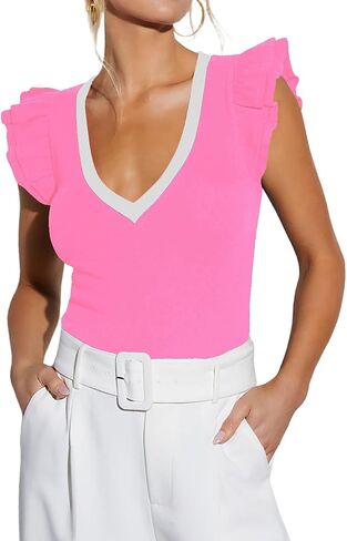 BONITEE Women Summer Ruffle Tops Sexy Deep V Neck Short Sleeve Shirts Trendy Casual Ribbed Slim Fitted Knit Tees Blouse in Saudi Arabia