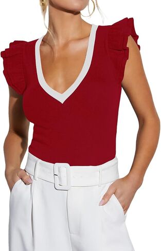 BONITEE Women Summer Ruffle Tops Sexy Deep V Neck Short Sleeve Shirts Trendy Casual Ribbed Slim Fitted Knit Tees Blouse in Saudi Arabia