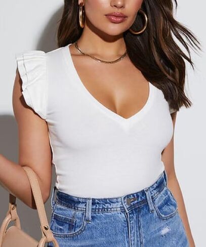 BONITEE Women Summer Ruffle Tops Sexy Deep V Neck Short Sleeve Shirts Trendy Casual Ribbed Slim Fitted Knit Tees Blouse in Saudi Arabia