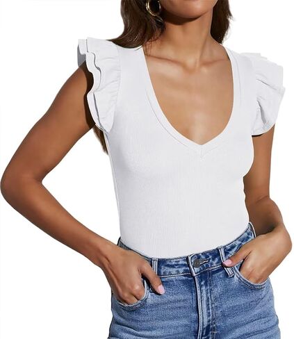 BONITEE Women Summer Ruffle Tops Sexy Deep V Neck Short Sleeve Shirts Trendy Casual Ribbed Slim Fitted Knit Tees Blouse in Saudi Arabia