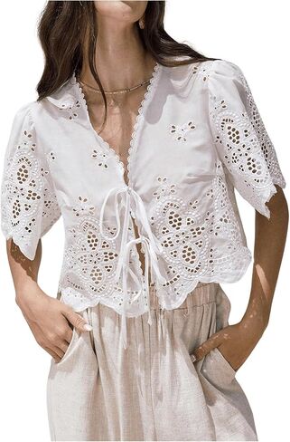 SOLY HUX Women's Hollow Tie Front Crop Tops Ruffle Short Sleeve V Neck Summer Blouse Shirts in Kuwait