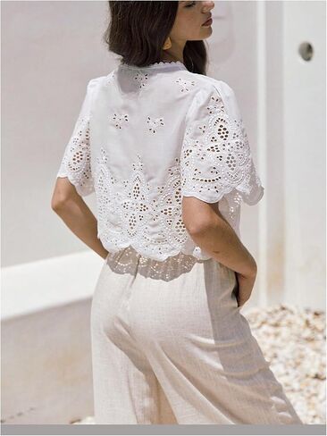 SOLY HUX Women's Hollow Tie Front Crop Tops Ruffle Short Sleeve V Neck Summer Blouse Shirts in Kuwait