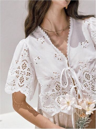 SOLY HUX Women's Hollow Tie Front Crop Tops Ruffle Short Sleeve V Neck Summer Blouse Shirts in Kuwait