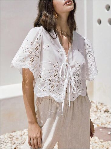 SOLY HUX Women's Hollow Tie Front Crop Tops Ruffle Short Sleeve V Neck Summer Blouse Shirts in Kuwait