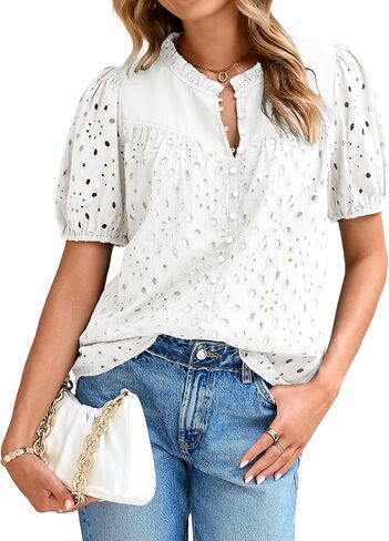 Glamaker Womens Summer Tops Blouse 2025 Casual Eyelet Embroidered Short Puff Sleeve Lace Hollow Out Button Dressy Shirts in Saudi Arabia