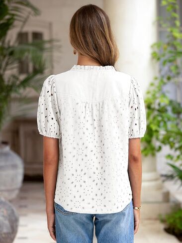 Glamaker Womens Summer Tops Blouse 2025 Casual Eyelet Embroidered Short Puff Sleeve Lace Hollow Out Button Dressy Shirts in Saudi Arabia