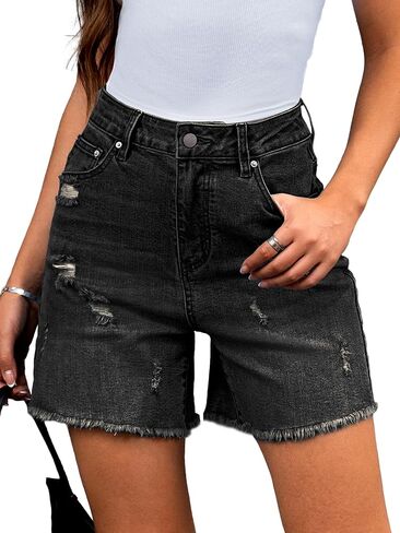 ELLEVEN Women’s Ripped Jean Shorts Trendy High Waisted Stretchy Denim Shorts Raw Hem Casual Wide Leg Mom Shorts in Saudi Arabia