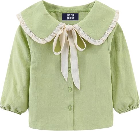 Littlespring Girls Button Down Down مع قميص Peter Pan Pan Tid Tie Bow Plouse in Saudi Arabia