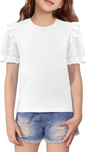 Besserbay Girls Summer Cute Swiss Swiss Dot Mesh Short Puff Sleeve T Shirts Layered Blufle Flutter Crewneck Blouses 6-14 in Kuwait