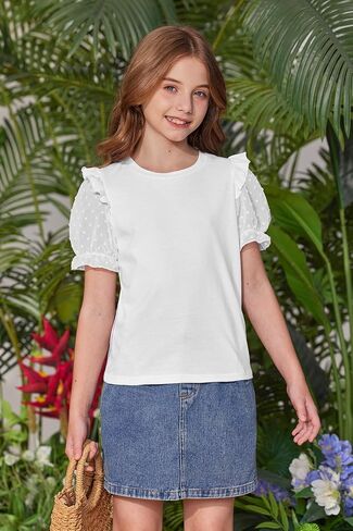 Besserbay Girls Summer Cute Swiss Swiss Dot Mesh Short Puff Sleeve T Shirts Layered Blufle Flutter Crewneck Blouses 6-14 in Kuwait