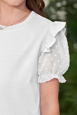 Besserbay Girls Summer Cute Swiss Swiss Dot Mesh Short Puff Sleeve T Shirts Layered Blufle Flutter Crewneck Blouses 6-14 in Kuwait