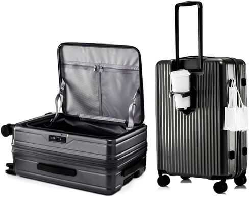 HotWay 24 Inch Expandable Checked Luggage with Cup Holder, Hardside TSA Approved Luggage with Spinner Wheels, Top Opening Suitcase For Travel, Black in Saudi Arabia