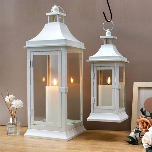 JHY DESIGN Set of 2 13''&19.5''Tall Outdoor Candle Lanterns Vintage Hanging Tower Lantern Metal Candle Holder for Garden Living Room Indoor Outdoor Parties Weddings Balcony(Black) in Saudi Arabia