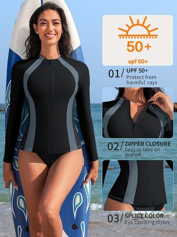 ATTRACO Long Sleeve Rash Guard Shirts for Women Full Zip Jackets Sun Protection Surfing Swimsuit in Saudi Arabia