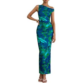 Prettygarden نساء 2025 الصيف الأزهار واحدة الكتف Maxi فستان الزفاف ضيف Ruched Mesh Bodycon كوكتيل طويل