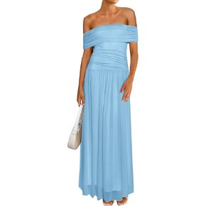MASCOMODA Women Off The Shoulder Mesh Maxi Dress Bodycon Ruched Formal Sleeveless Pleated Cocktail Wedding Guest Long Dresses