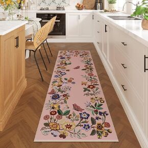 Runner Rug for Kitchen 2'6"x8' Washable Rugs with Rubber Backing Soft Floral Insect Carpet Runner for Kitchen, Laundry, Bedroom, Bathroom (Light Pink)