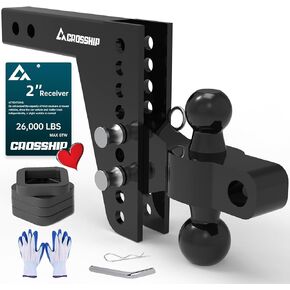 Adjustable Trailer Hitch - Fits 2'' Receiver, 6'' Drop/Rise Ball Mount, Solid Dual Ball (2" x 2-5/16") Tow Hitch 26,000 LBS GTW-Multifunctional Heavy Duty Truck with Pin for Class III & IV