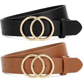 SANSTHS 2 Pack Women Leather Belts Faux Leather Jeans Belt with Double O Ring Buckle