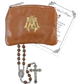 Faux Leather Zippered Rosary Pouch For Women and Men - Wooden Rosary with Handcrafted Beads, Lord's Prayer Card - Brown Rosary Pouch Catholic Case with Ava Maria, Chi Rho Cross - 3 Items Set