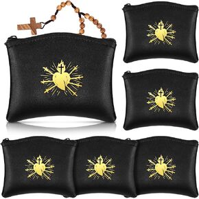 Highergo 6 Pcs rosary pouch catholic Seven Sorrows of Mary PU Leather Rosary Case Beads pouch Purses Holder Bag and Cross Imprint Portable Religious Bag for Men and Women Travel