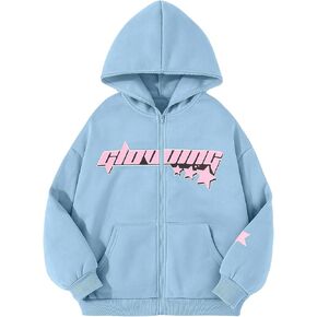 SOLY HUX Girl's Y2k Zip Up Long Sleeve Hoodie Drop Shoulder Graphic Hooded Sweatshirts Jacket Streetwear