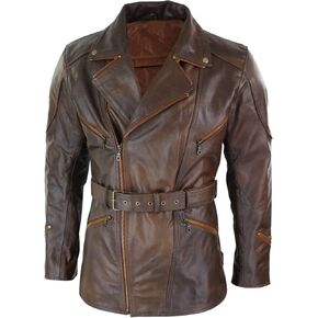 SKY-SELLER Mens 3/4 Quarter Length Motorcycle Black Biker Long Jacket - Genuine Leather Coat Winter Outerwear