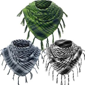 Satinior 3 PCS Shemagh Keffiyeh Head Neck Diarf Tortfan Usisex Abringe Fringe Orging With With Tassel لملحقات التخييم في الهواء الطلق (الجيش الأخضر والأبيض الأسود والرمادي)
