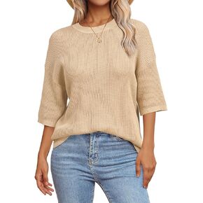 Arach & Cloz 2025 Women Cotton Spring Summer Crochet Tops Crew Neck Half Elbow Sleeve Lourd Fit Fit Textnits Discal