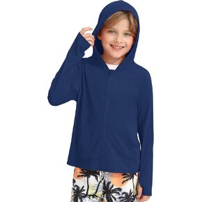 Hotfiary Boys Rash Guard Long Sleeve Kids Zip Up Swim Shirt Fishing Hoodie Thumbhole Youth UPF 50+ Water Beach Pool Sun Shirt