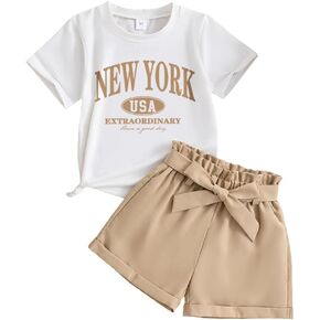 Girls Clothes-Cartoon Graphic Print Short Sleeve & Paperbag Waist Belted Shorts for Toddler Summer Set Size (3~7T)