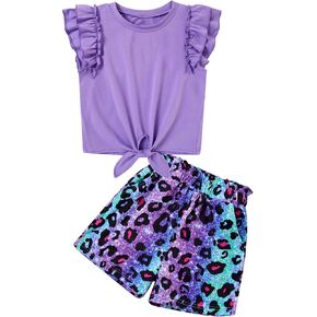 Kids4ever Girls 2Pcs Outfits For 5-12Y Ruffle Short Sleeve Tie Knot Front Top And Shorts Set For Kids School