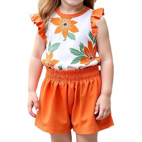 Girls Summer Floral Short Sleeve T-shirt and Elastic Waist Shorts Outfit Set for Kid Sizes 3-9