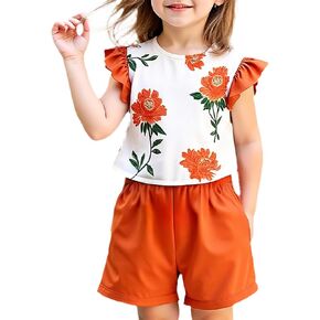Girls Summer Floral Short Sleeve T-shirt and Elastic Waist Shorts Outfit Set for Kid Sizes 3-9 in Kuwait