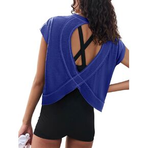 LASLULU Womens Open Back Workout Tops Backless Athletic Shirt Sleeveless Oversized Wrap Crop Tank Tops Running Gym Yoga Tee