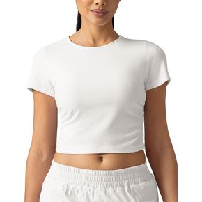Colorfulkoal Women Short Sleeve Cropped T-Shirts Slim Fitted Basic Tees Crew Neck Ruched Casual Workout Top