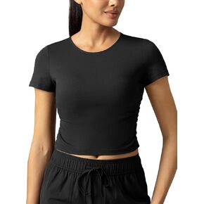 Colorfulkoal Women Short Sleeve Cropped T-Shirts Slim Fitted Basic Tees Crew Neck Ruched Casual Workout Top in Kuwait