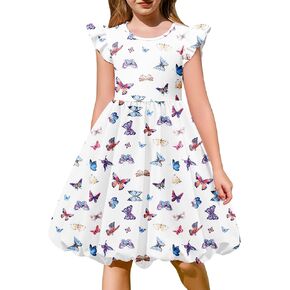 Arshiner Tween Girls Summer Bubble Dress Ruffle Sleeve Casual Party Midi Dresses