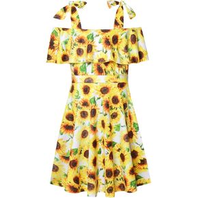 Mirawise Girl's Tie Shoulder Sleeveless Ruffle Summer Casual Cotton Sundress A-line Swing Dress for 4-12 Years Kids