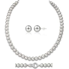 Silver Pearl Necklace 18 inch and Pearl Earrings Studs, Lustrous Gorgeous Imitated Silver Pearls Jewelry Set For Women