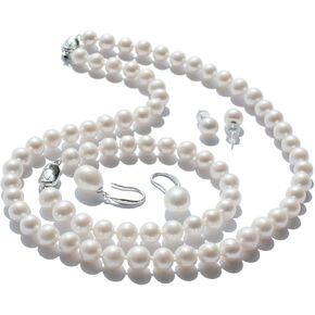 Freshwater Cultured Pearl Set Jewelry for Women Includes Pearl Bracelet, Stud Earrings and Drop Dangle Earrings High Luster AAA Quality Genuine 8.0-9.0 mm Round White Pearl Strand Necklace Set Gift for Mother Granddaughter
