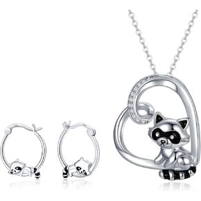 قلادة KQ & Tteng الراكون وأقراط الراكون ، Hug Hug Love Heart Pendant Raccoon Huggie Hoop Earrings Gifts Jewelry Gifts for Women