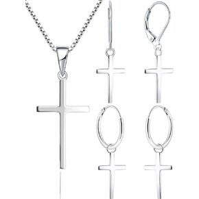 YL Cross Crucifix Christian Hoop Earrings Necklace Set for Women, Soild Sterling Silver Criss Polished 18k White Gold Plated Birthstone Plain Religious Pendant Box Chain Jewelry