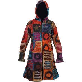 Womens Patchwork Stencil Print Boho Jacket, Multicoloured Gothic Full Zip Long Coat