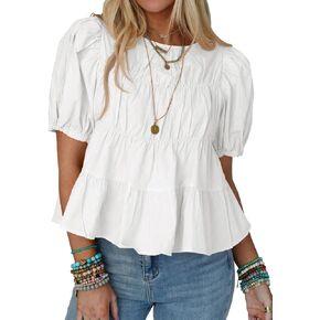 Tankaneo Womens Puff Sleeve Peplum Babydoll Tops Summer Smoked Pleated Cotton T-Shirts Casual Loose Fit Flowy Blouse