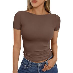 Trendy Queen Womens Boat Neck Tops Short Sleeve T-Shirts Slim Fitted Compression Summer Y2k Basic Clothes 2025